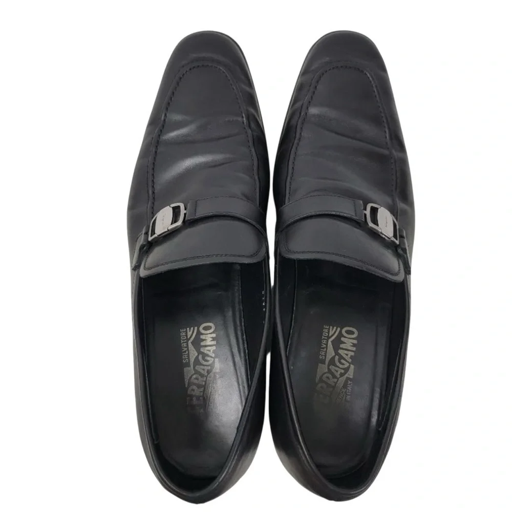 Salvatore Ferragamo Black Leather Loafers Side Buckle 9.5D